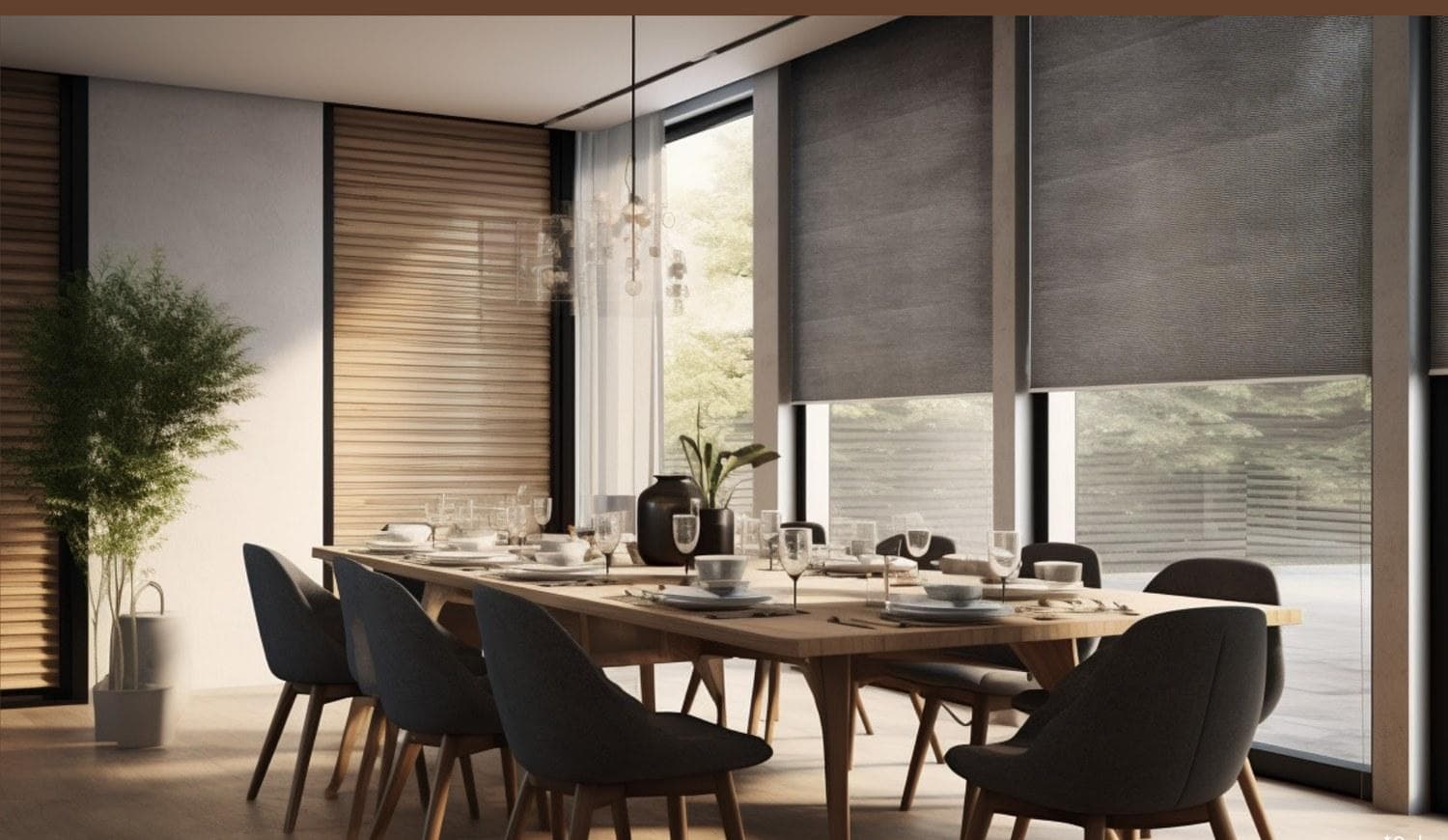 Comedor de una casa con domótica Aqara instalada: persianas motorizadas y luces automatizadas