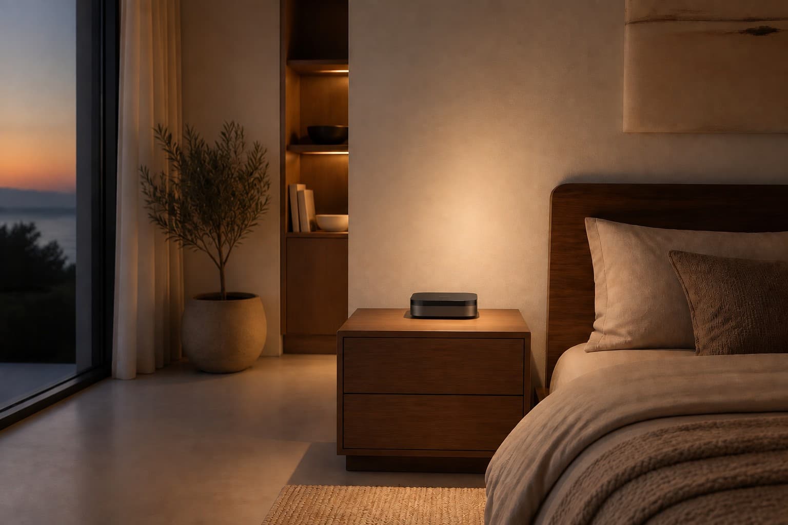 Centro de control Aqara sobre una mesa de luz, en un dormitorio con luz cálida