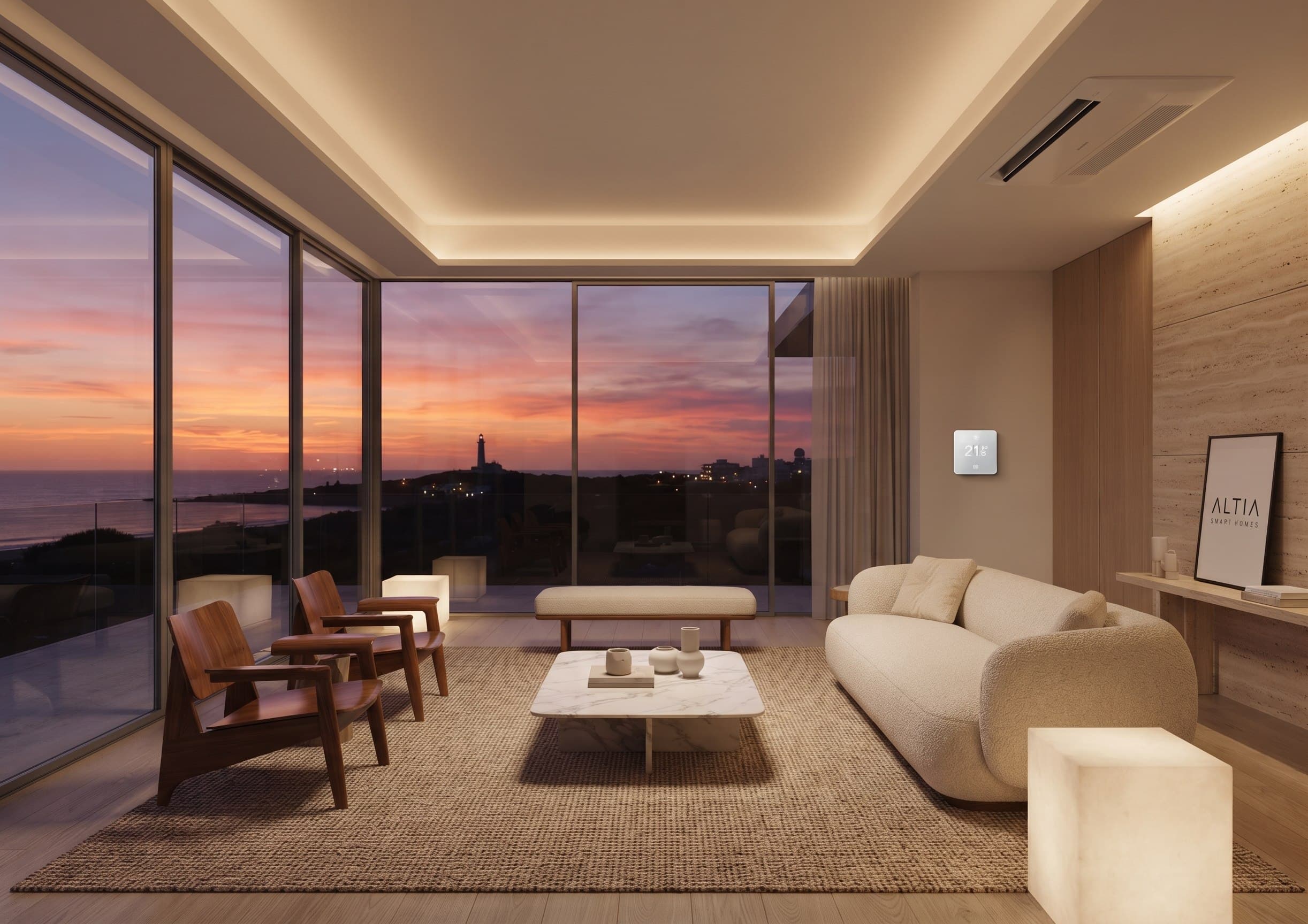 Living con vista al mar al atardecer, con termostato inteligente Aqara en la pared